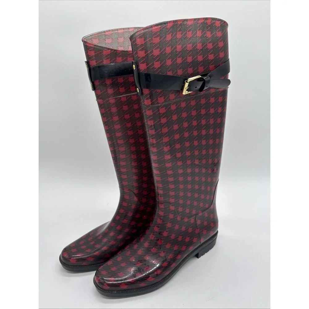 Lauren‎ Ralph Lauren Rossalyn II Red Black Plaid Rubber Rain Boots Size 8